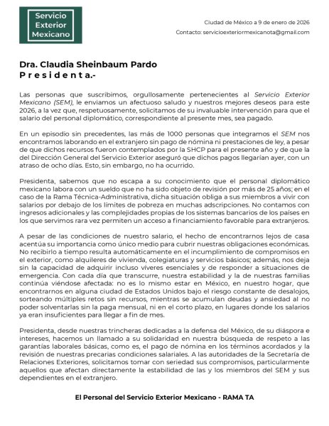 Personal del Servicio Exterior Mexicano denuncia falta de pago y solicita intervención presidencial