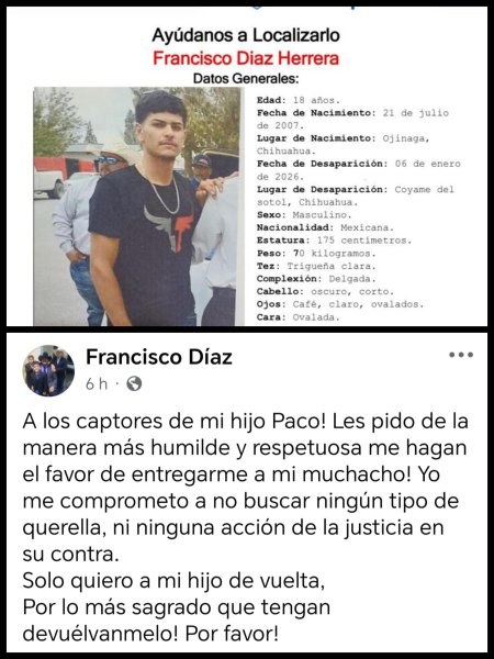 Clamor de un padre para que le regresen a su hijo desaparecido en Coyame del Sotol