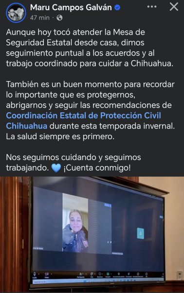 Maru Campos participa vía Zoom en Mesa Estatal de Seguridad por motivos de salud
