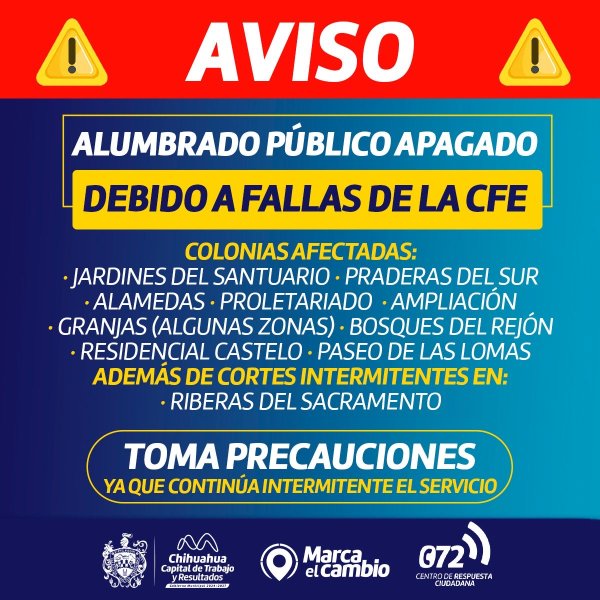 Fallas de la CFE generan afectaciones de alumbrado a diversas zonas en la capital; Municipio brinda seguimiento