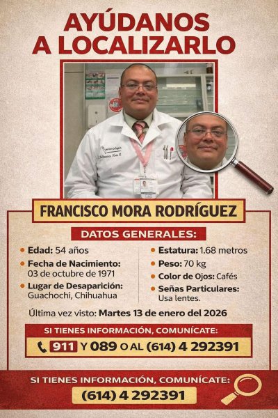 Piden apoyo para localizar a Francisco Mora Rodríguez, desaparecido en Guachochi