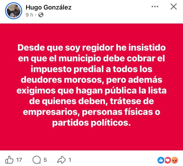 Regidor de Morena pide a Municipio publicar listado de deudores morosos de predial