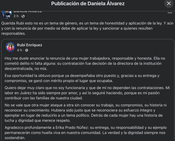 Renuncia cuñada de Rubí Enríquez; Daniela Álvarez pide aplicar ley por “nepotismo”