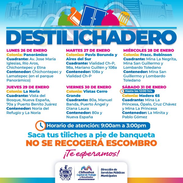 Estará Destilichadero en siete colonias del 26 al 31 de enero