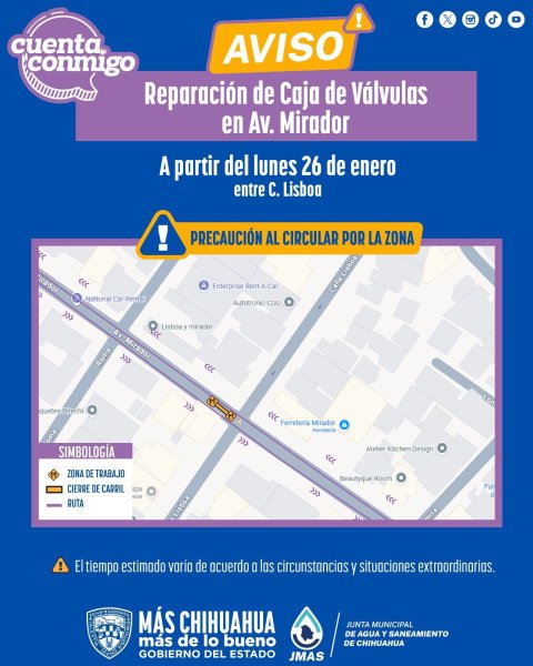 Reparará JMAS Chihuahua caja de válvulas en la avenida Mirador este próximo lunes