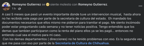 Romeyno Gutiérrez pianista Rarámuri denuncia retraso en pago por parte de la Secretaría de Cultura de Chihuahua