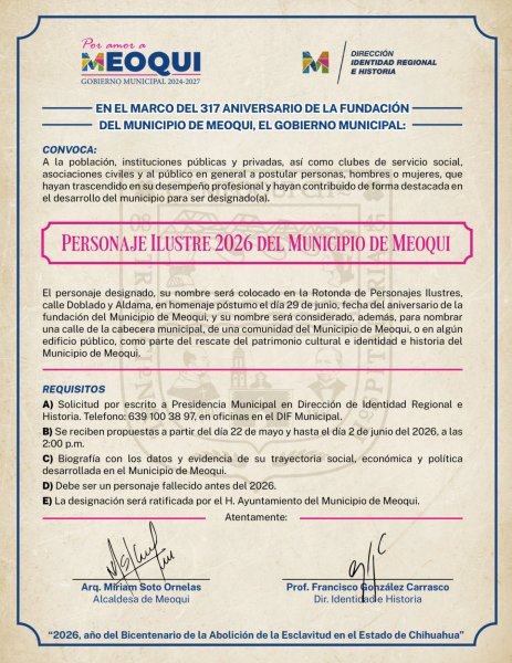Invitan en Meoqui a proponer al Personaje Ilustre 2026, martes 2 de junio último día