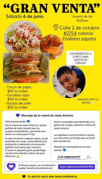 Gran venta de antojitos mexicanos en apoyo a Jesús Antonio