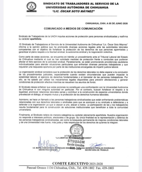 Sindicato de la UACH impulsa acciones legales para proteger derechos laborales