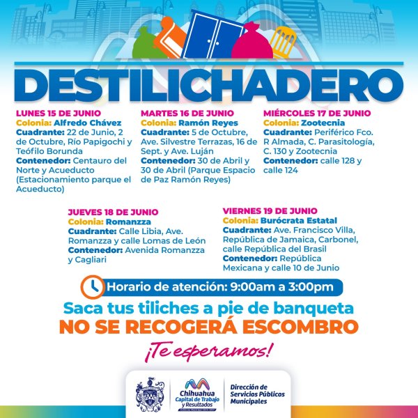 Estará Destilichadero en cinco colonias del 15 al 19 de junio