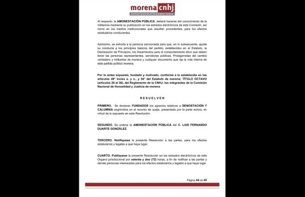 Morena resuelve denuncia contra presunto 