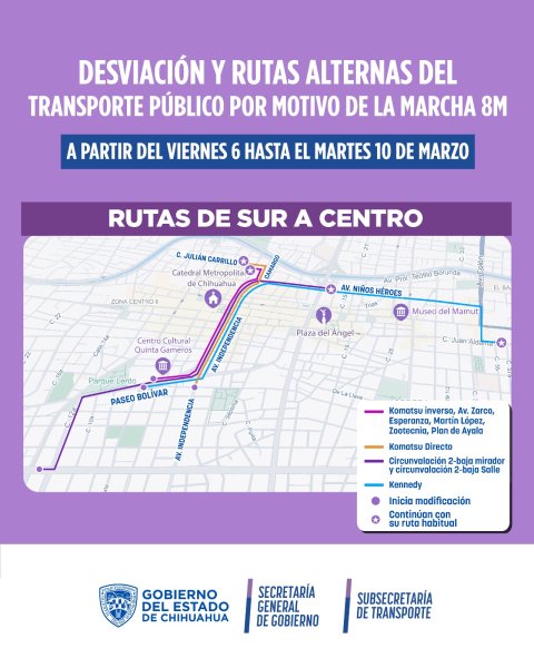 Anuncia Subsecretaría de Transporte modificaciones en rutas con motivo del cierre por la marcha 8M
