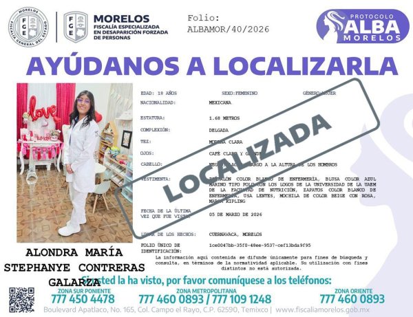 Hallan con vida a Stephanye Contreras, estudiante desaparecida de la UAEM, confirma fiscalía de Morelos