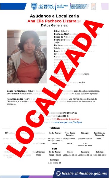 Localiza FEM a mujer con reporte de ausencia en la ciudad de Chihuahua
