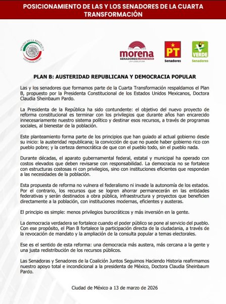 Respaldan senadores de Morena y aliados el 