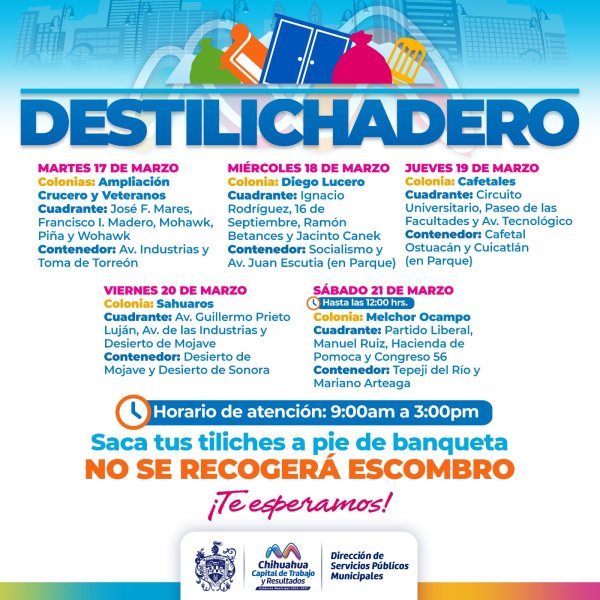 Estará programa Destilichadero en seis colonias del 17 al 21 de marzo