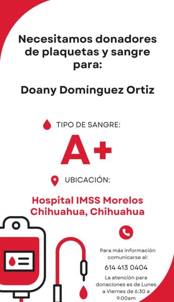 Solicitan donadores de sangre A+ para Doany Domínguez Ortiz