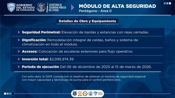 Anuncia SSPE rehabilitación de área de máxima seguridad en Cereso 3 de Ciudad Juárez