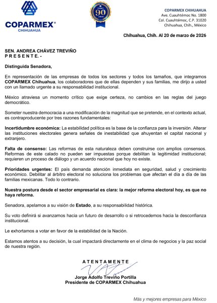 Coparmex envía carta a Senadores por Chihuahua; pide su voto en contra del “Plan B”