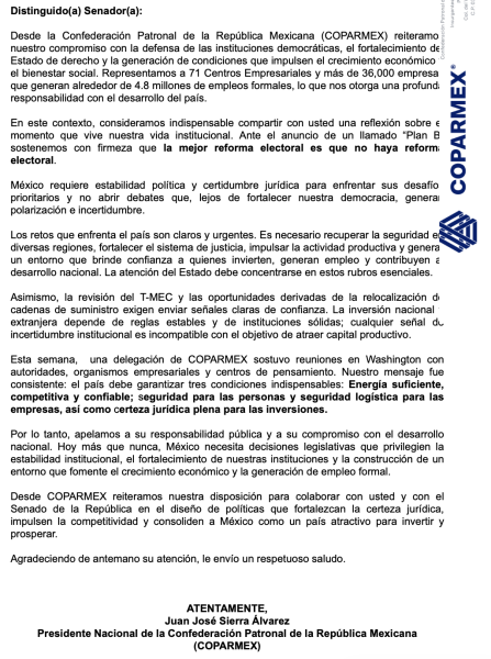 COPARMEX llama al Senado a evitar cambios electorales y priorizar estabilidad