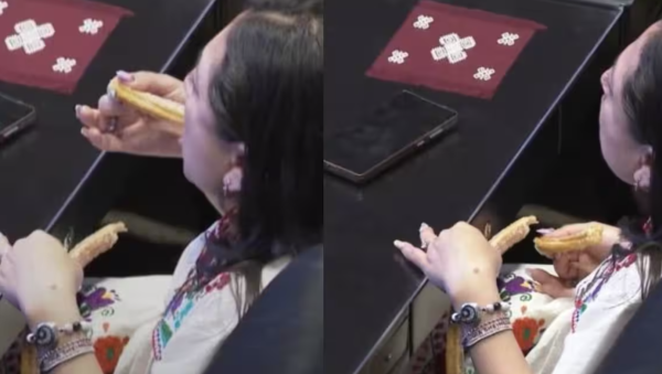 Captan a senadora de Morena comiendo churros en pleno debate