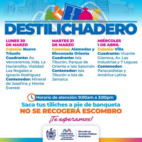 Estará Destilichadero en tres colonias del 30 de marzo al 1 de abril