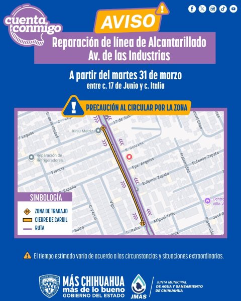 Realizará JMAS Chihuahua trabajos de reparación de línea de drenaje en la avenida de las Industrias