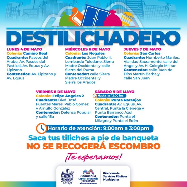Estará Destilichadero en 5 colonias del 4 al 9 de mayo