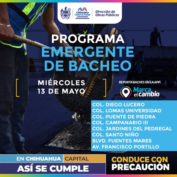Atenderá Municipio ocho zonas con bacheo este miércoles 13 de mayo