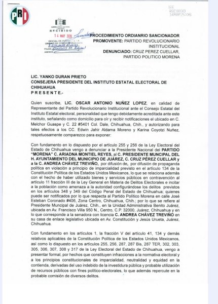 Presenta PRI denuncia ante el IEE por uso político de recursos públicos por parte de alcalde de Juárez