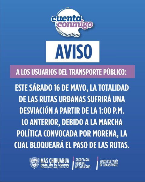 Anuncia Transporte modificaciones en rutas alimentadoras debido a marcha convocada por Morena