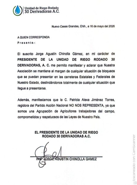 Unidad de Riego Dorado 30 se deslinda de bloqueos carreteros en el estado