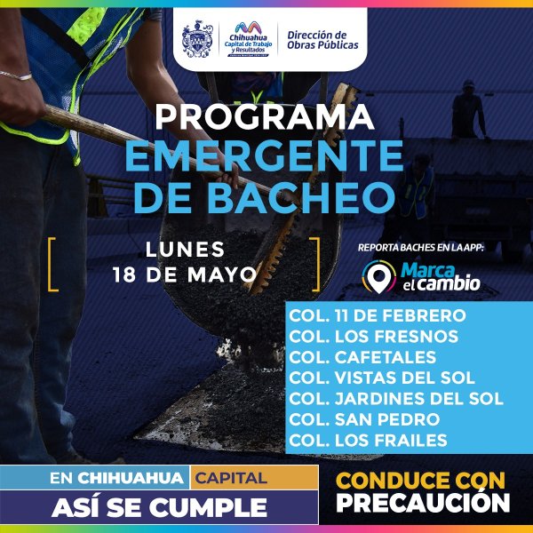 Siete zonas tendrán bacheo este lunes 18 de mayo: Municipio