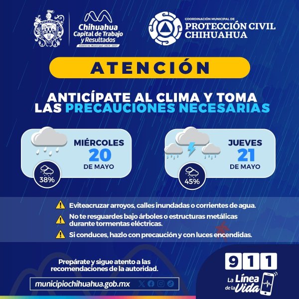 Emite Gobierno Municipal aviso preventivo por pronóstico de lluvias para este miércoles y jueves en Chihuahua Capital