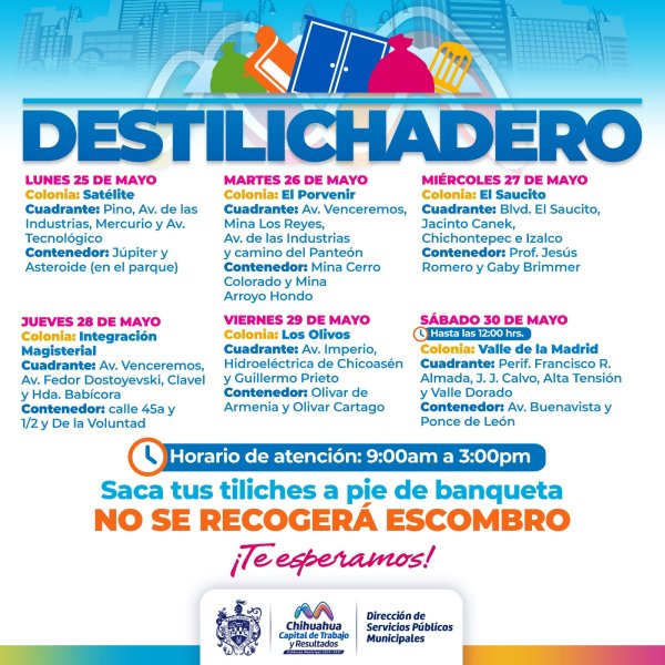 Destilichadero estará en seis colonias del 25 al 30 de mayo