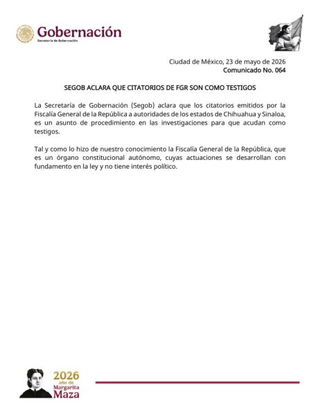 Citatorios de la FGR a Rubén Rocha Moya y a la gobernadora de Chihuahua son como testigos, aclara Segob