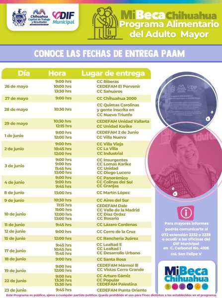 Conoce los horarios de entregas del PAAM del periodo del 26 de mayo al 23 de junio