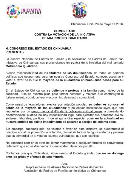 Organizaciones civiles expresan rechazo a iniciativa de matrimonio igualitario en Chihuahua