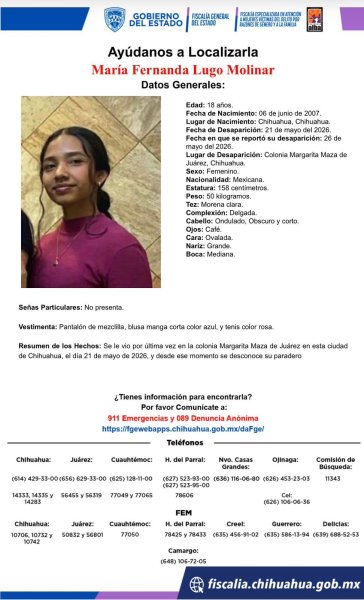 Lleva 7 días desaparecida María Fernanda Lugo Molinar