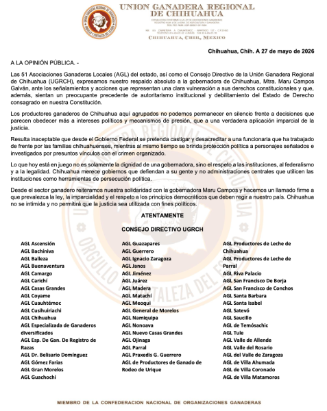 Ganaderos de Chihuahua respaldan a Maru Campos y piden respeto al Estado de Derecho
