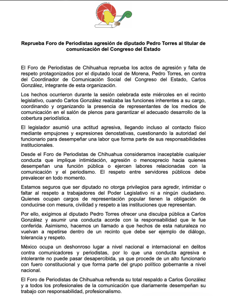 Foro de Periodistas condena incidente con diputado de Morena