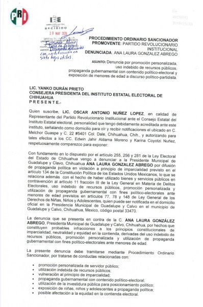PRI denuncia ante el IEE a alcaldesa de Guadalupe y Calvo por presunta propaganda político-electoral con recursos públicos
